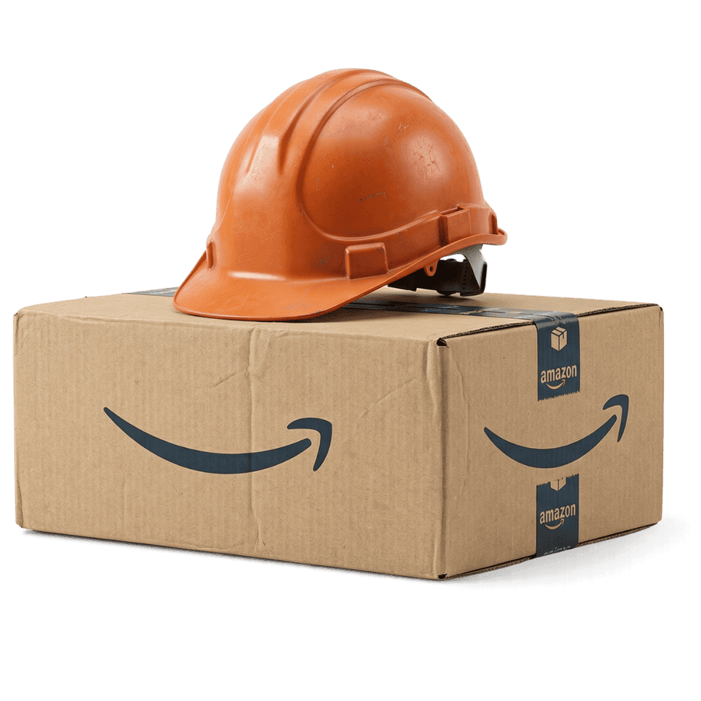 Colis Amazon avec casque de chantier orange - profil salarié ambitieux side business Amazon FBA