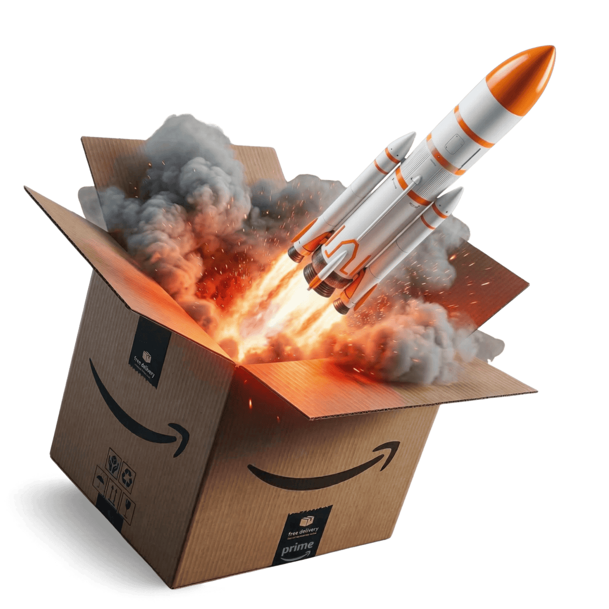 Fusée décollant d'un colis Amazon Prime - agence Amazon FBA AmZ Impulsion création boutique vendeur